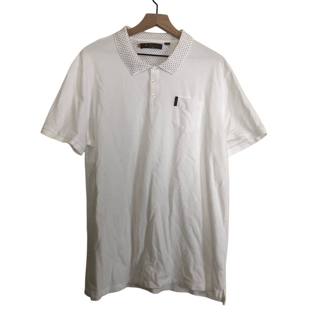 Ben Sherman Men's White Cotton Button Dot Collar Short Sleeve Golf Polo Shirt XL